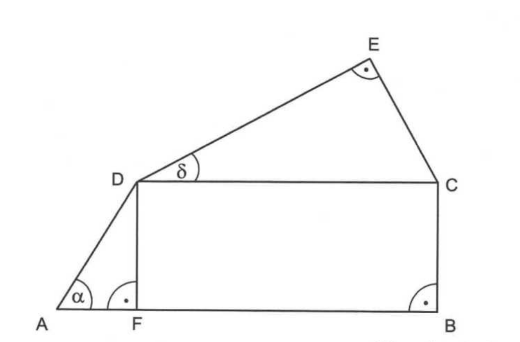 Geometrische Figur mit Punkten A bis E und markierten Winkeln α, δ und rechten Winkeln